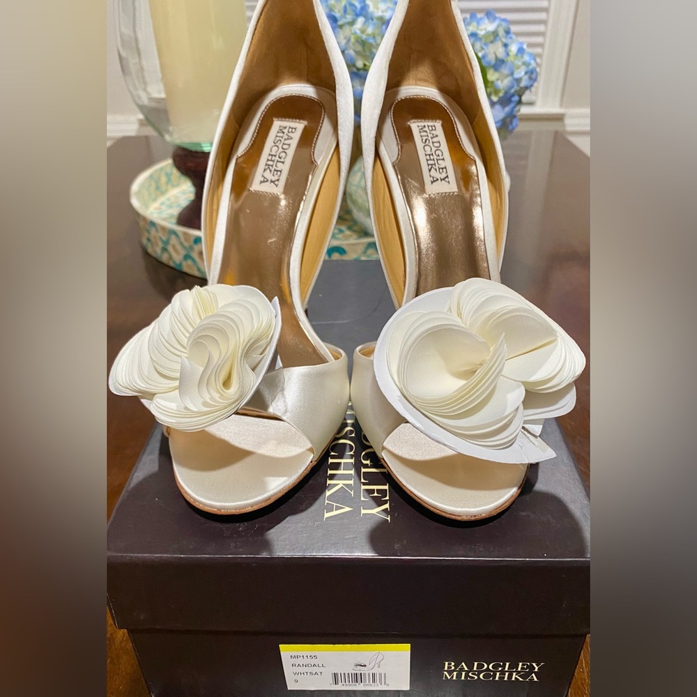 Badgley Mischka satin d’orsay heels, flower detail.